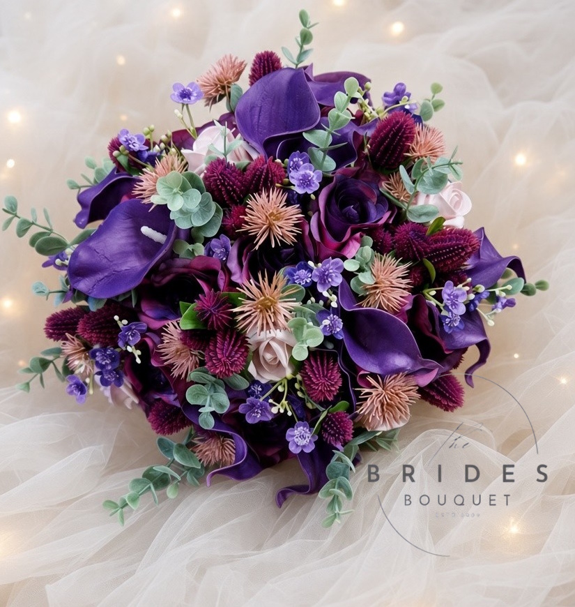 amethyst purple toned wedding bouquet ready to ship brides posy with matching buttonhole Amethyst purple and pink artificial bridal bouquet with calla lilies, roses, thistles and matching groom's buttonhole