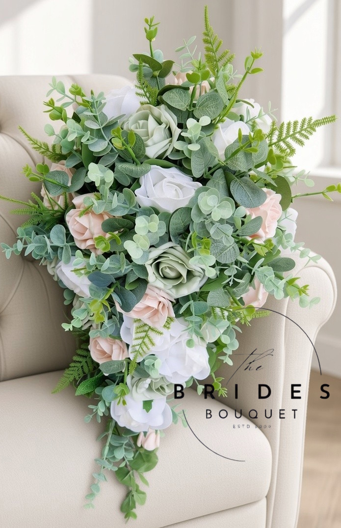 artificial rose and eucalyptus foliage wedding tear drop bridal flower bouquets uk Cascading tear drop bridal bouquet with faux roses, eucalyptus and foliage in chosen colours