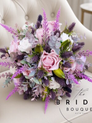 Ready made Scottish-inspired bridal bouquet with blush pink roses, thistle, heather, eucalyptus and matching buttonhole