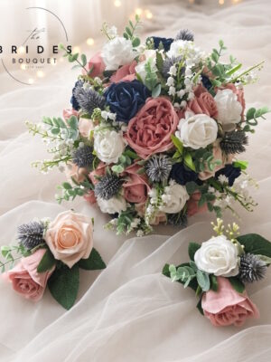 Ready to ship bridal bouquet with blush pink, dusky pink and navy silk roses, blue thistles, lily of the valley and eucalyptus foliage