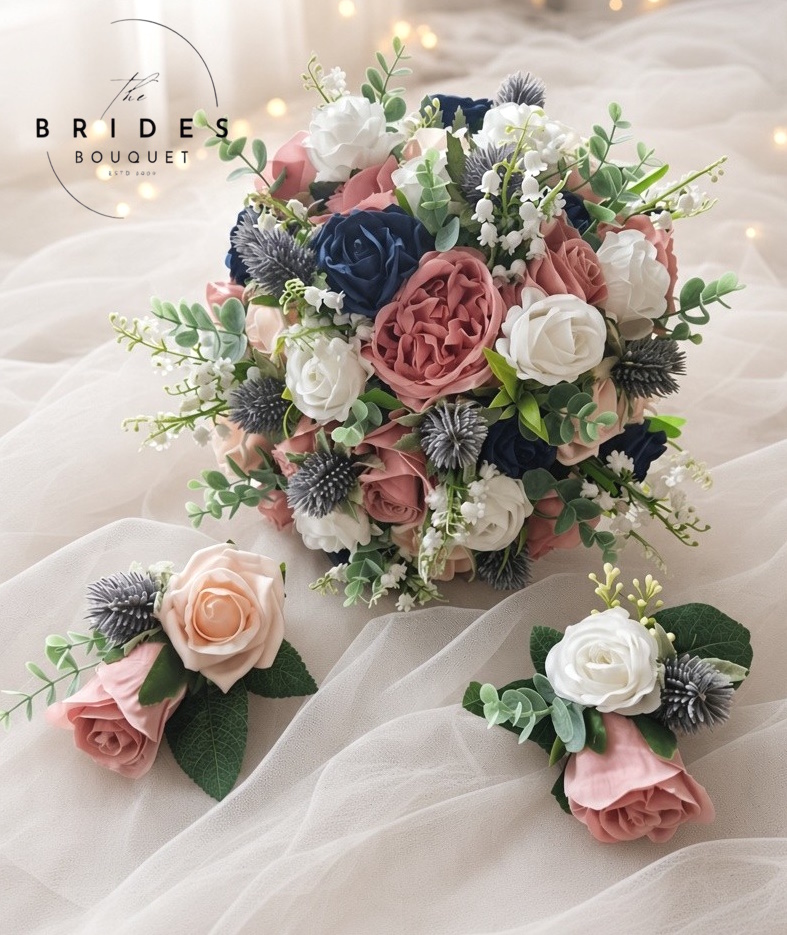 dusky pink blush silk rose thistle navy rose wedding bouquet ready to ship Ready to ship bridal bouquet with blush pink, dusky pink and navy silk roses, blue thistles, lily of the valley and eucalyptus foliage