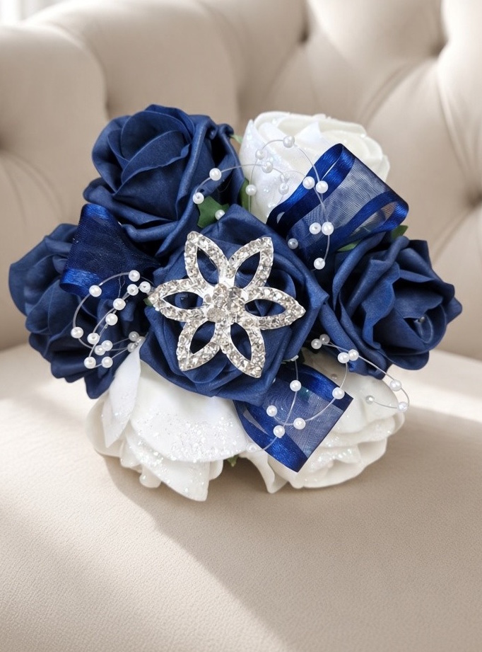 flower girl wedding bouquet of arftificial roses with diamante ribbon and pearls