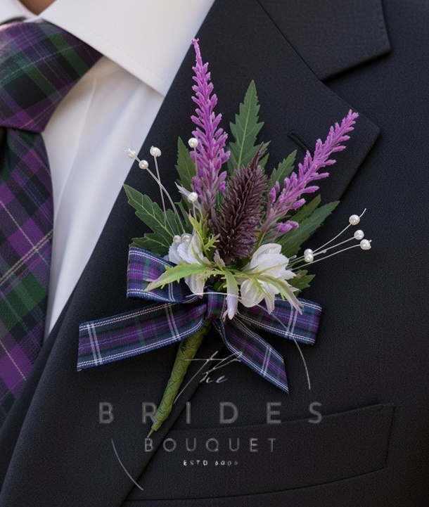 heather thistle and tartan ribbon wedding buttonholes remembrance funeral corsage Thistle and heather buttonhole with tartan ribbon bow in chosen colours