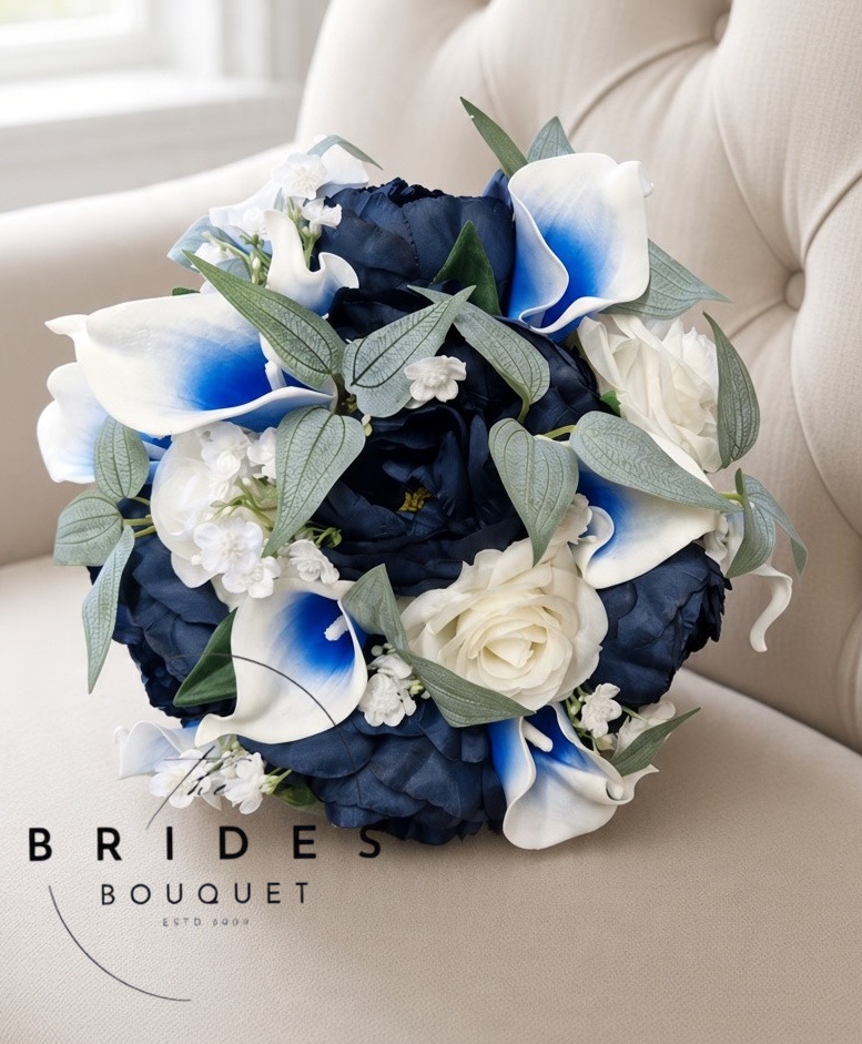 navy blue and white peony calla lily rose silk wedding bouquet ready to ship