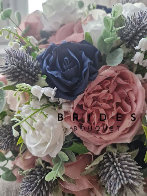 navy blush white thistle wedding bouquet ready to ship close up