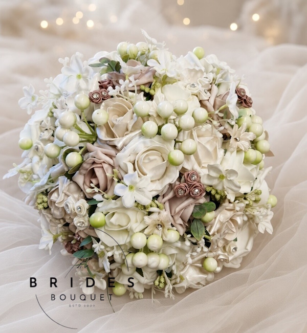 neutral rose wedding bouquet for winter wedding ready to ship brides bouquet