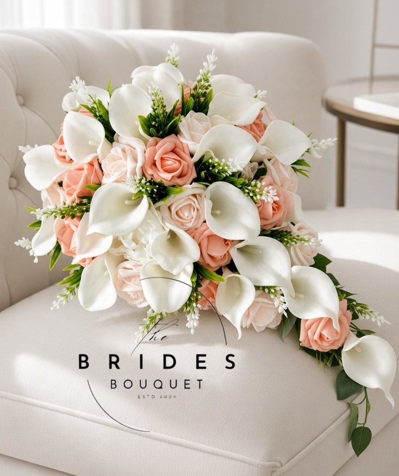 peach themed bridal tear bouquet artificial roses and calla lily with astilbe