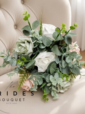Bridesmaid bouquet with faux roses, eucalyptus and foliage in chosen colours