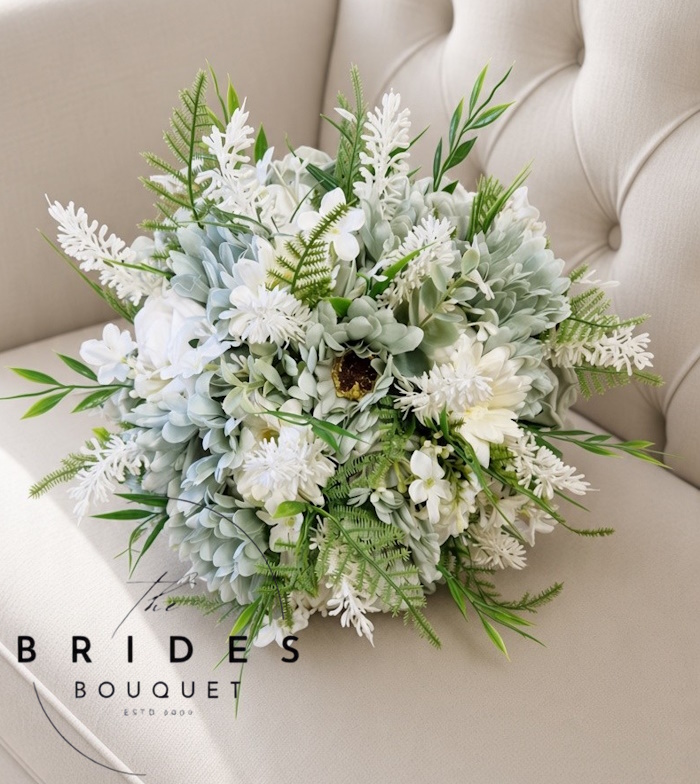 sage green and ivory faux flower wedding bouquet ready to ship fast delivery uk