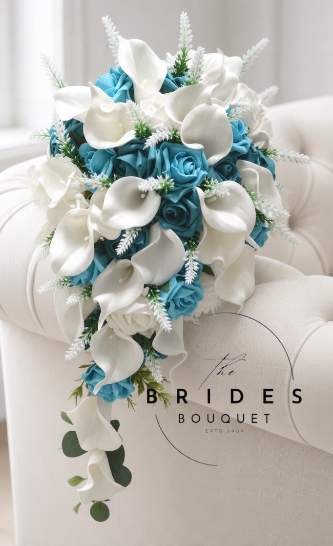 turquiose and teal rose wedding bouquet with calla lily and astilbe