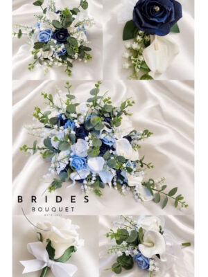Artificial wedding flower package with teardrop bridal bouquet, bridesmaid and flower girl posies, groom's buttonhole and five guest buttonholes
