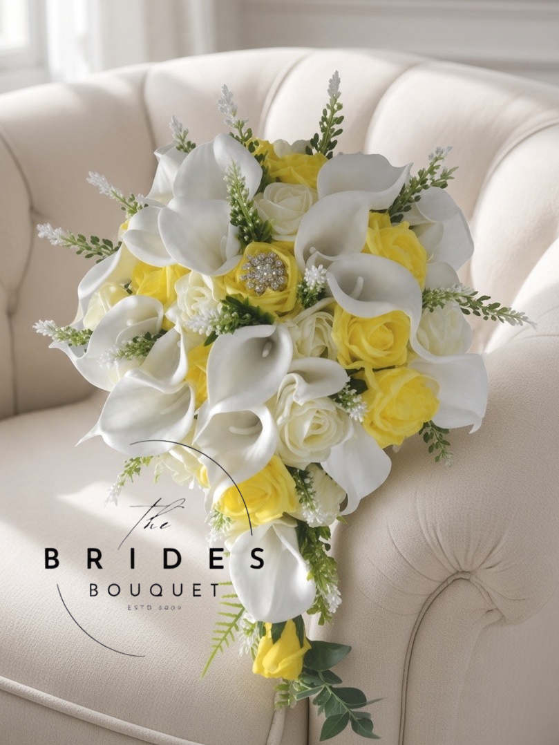 yellow and lenon rose wedding tear bouquet with calla lily and astilbe